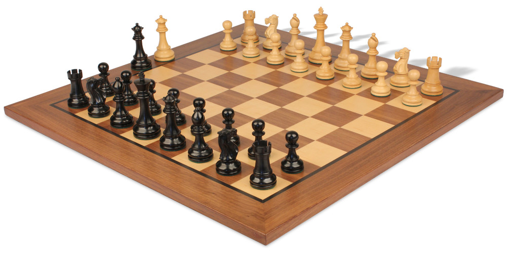 British Staunton Chess Set - Ebonized & Boxwood Pieces - Walnut Classic Chess Board - 3.5" King